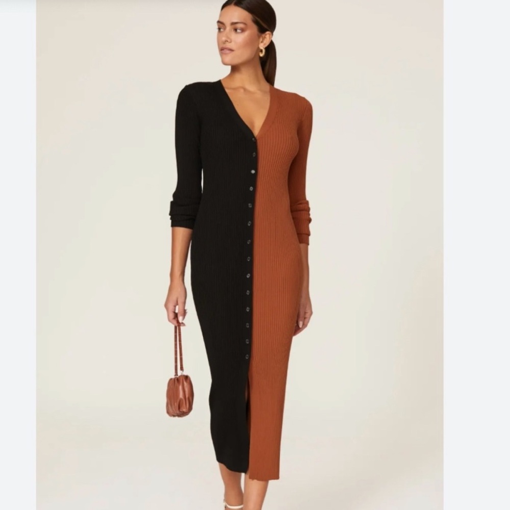 Staud Shoko Colorblock Sweater Dress Brown Black Cardigan Button, SIZE XS 1463